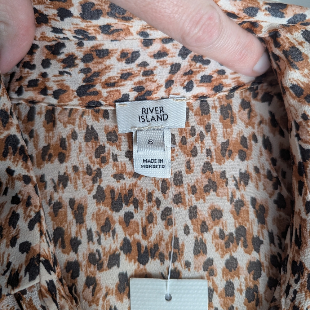 River Island Sheer Leopard Print Ruffle Button Down Shirt W/ Rhinestone Buttons - Picture 4 of 9